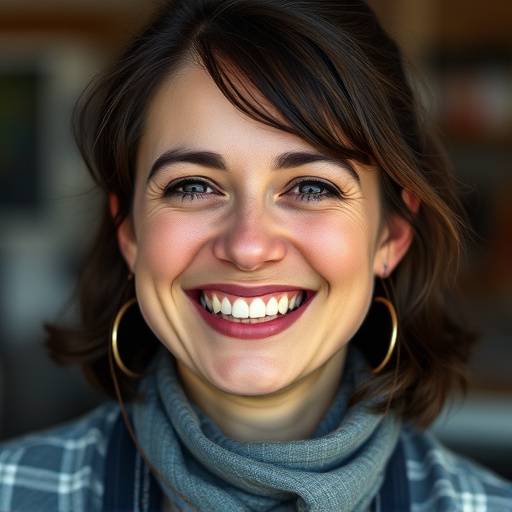 Portrait d'Amélie Girard, spécialiste en effets spéciaux, souriant avec enthousiasme