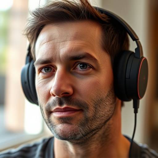 Portrait d'Antoine Roche, concepteur sonore acclamé, portant un casque de studio professionnel