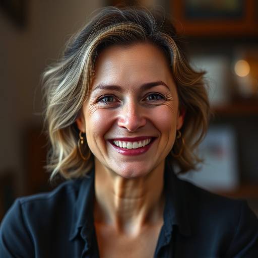 Portrait d'Isabelle Moreau, réalisatrice et fondatrice de l'Académie Lumière, souriant chaleureusement