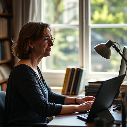 Portrait de Claire Lefèvre, scénariste, assise à son bureau.