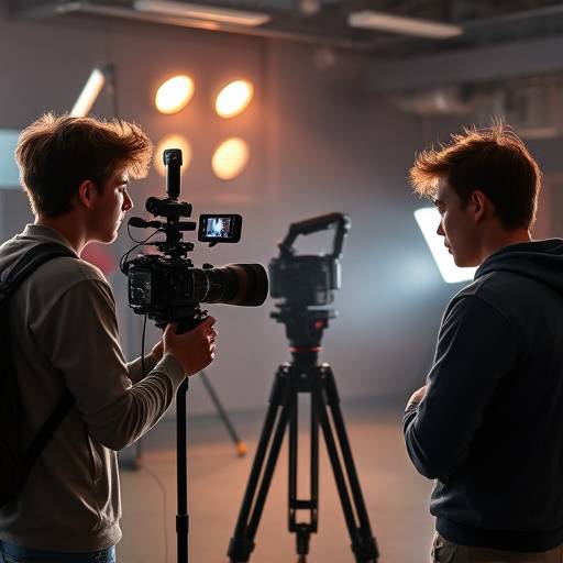 Étudiants filmant une scène de cinéma